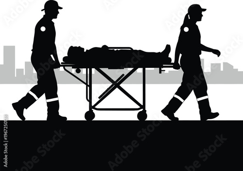 Emergency medical response paramedics transporting a patient on a stretcher