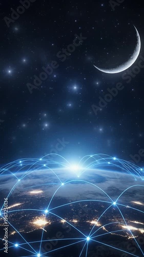 Wallpaper Mural Global Network Connections Across Earth from Space at Night with Stars and Moon Torontodigital.ca
