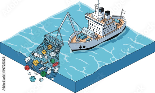 Isometric Illustration of a Marine Vessel Collecting Plastic Waste from the Ocean with a Large Net, Concept of Environmental Protection and Sea Cleanup Initiatives