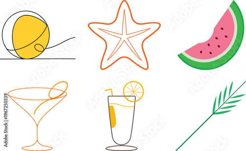 Minimalist Summer Collection: Beach Ball, Starfish, Watermelon, Cocktails, and Tropical Leaf Line Art Set for Seasonal Designs