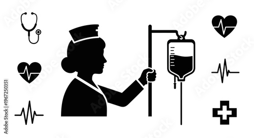 Nurse with medical equipment and symbols.
