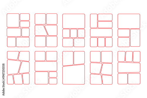 Set of collage grid manga comic storyboard layout panel blank template, vector illustration.