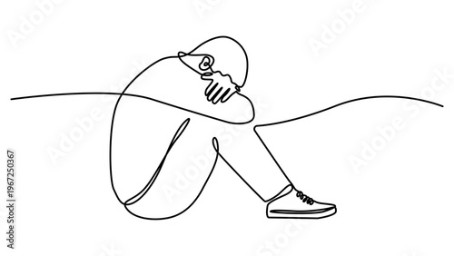 Continuous one line drawing of a depressed, stressed out man Transparent background, Vector illustration