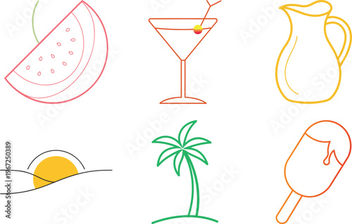 Minimalist Summer Collection: Beach Icons with Watermelon, Cocktail, Palm Tree, and Popsicle Line Art for Tropical Designs