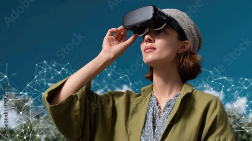 VR World: A woman wearing a VR headset explores a virtual world, looking up with wonder, experiencing the immersive world of future technology.