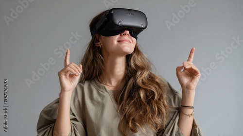 Immersive Technology: A young individual, fully immersed in virtual reality, with a virtual reality headset on and a gesture of pointing up, embracing the future of technology and gaming.