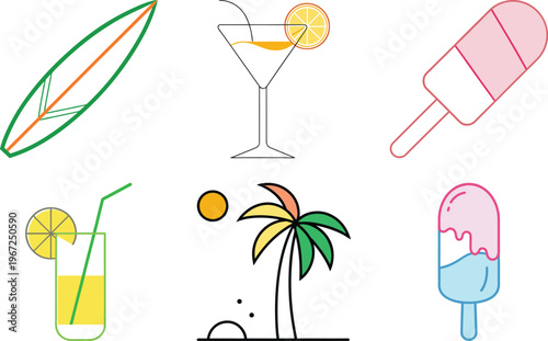 Summer Beach Collection: Vibrant Line Art Icons Featuring Surfboard, Tropical Drinks, Palm Tree, and Frozen Treats for Vacation Designs