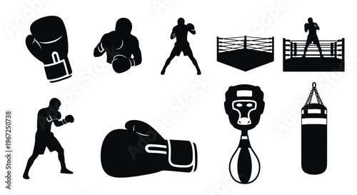 Boxing equipment and fighters in a stark black silhouette