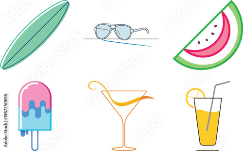 Vibrant Summer Beach Icons Set: Surfboard, Sunglasses, Watermelon, Popsicle, Cocktails, and Refreshing Drinks - Perfect for Seasonal Designs