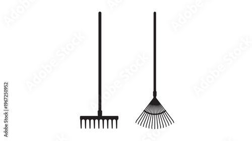 Rake leaf blower and garden rake silhouettes with black handles and tines for yard work and gardening tasks