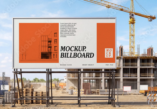 Building Construction Site Billboard Mockup. Development Business Advertising Display Template