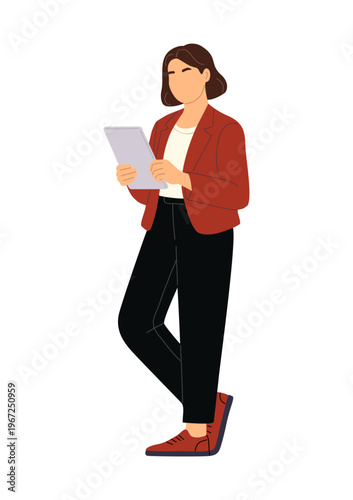 Woman stands, focused, holding tablet. Red jacket, black pants, matching shoes. Serene expression, attentive to screen. Ideal for business, education, or tech presentations