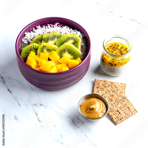 Healthy tropical fruit smoothie bowl with toppings and snacks on marble table