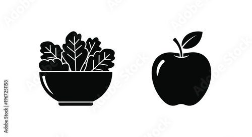 Simple black icons depicting a salad and an apple silhouette