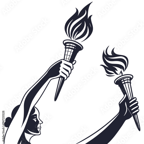 Silhouette of hands holding flaming torches as a symbol of sport and olympic spirit