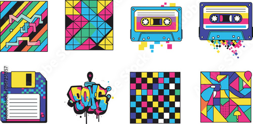 Retro Vintage Icons Set Featuring Cassette Tapes, Floppy Disks, Graffiti, and Geometric Patterns for Nostalgic 80s and 90s Designs