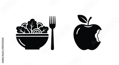 Healthy food icons featuring salad apple and fork black silhouette