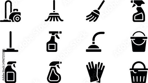 Set of cleaning tools and accessories icons isolated transparent background