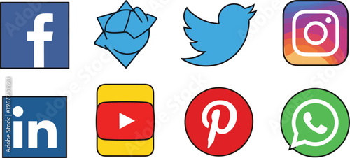 Social Media Icons Set Featuring Facebook, Twitter, Instagram, YouTube, LinkedIn, Pinterest, and WhatsApp for Social Networking and Digital Communication Designs