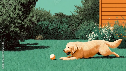 Golden Retriever and Playful Moments: A golden retriever playfully engaged, ready to pounce on a ball in a serene outdoor setting. The dog embodies energy and joy.