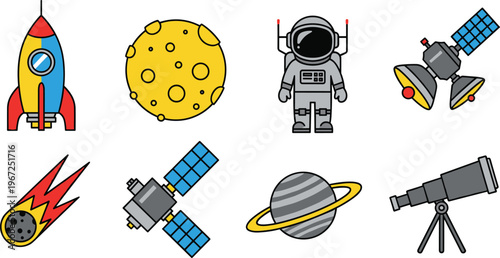 Space Exploration Icons Set Featuring Rocket, Moon, Astronaut, Satellite, Meteor, and Telescope for Astronomy and Outer Space Designs