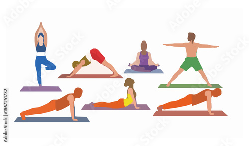 Flat vector illustration of diverse yoga poses with men and women practicing mindfulness