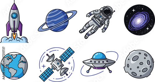 Space Exploration Icons Set Featuring Rocket, Astronaut, Earth, Moon, Satellite, UFO, Planets, and Galaxy for Cosmic and Space Science Designs