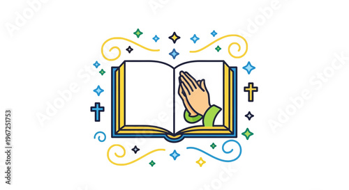 Praying Hand Open Bible Symbol.