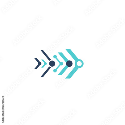 Abstract digital fish logo with interconnected dots and arrows.