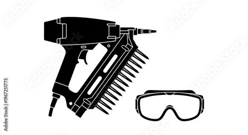 Professional Auto Service Garage Equipment Set with Hydraulic Car Lift, Impact Wrench and Oil Barrel Silhouette