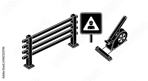 Construction Site Safety Set with Perimeter Fence, Warning Sign and Automatic Barrier Silhouette Vector