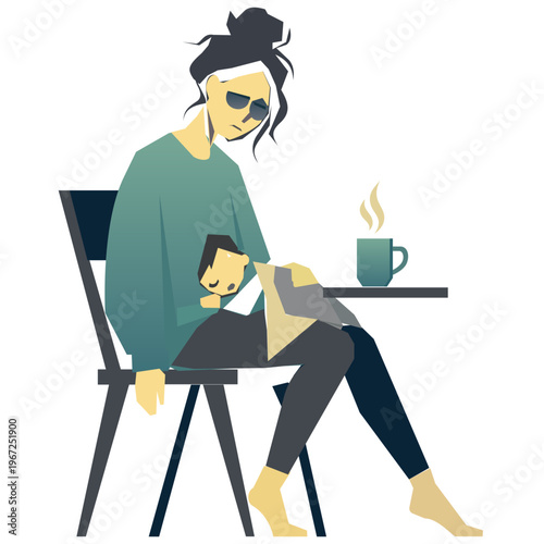 Tired Mother Holding Sleeping Child with Coffee in a Relaxed Setting, for Parenting Blogs, Family Websites, Self-Care Articles, and Lifestyle Content