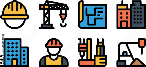 Colorful construction and building industry icons set isolated transparent background