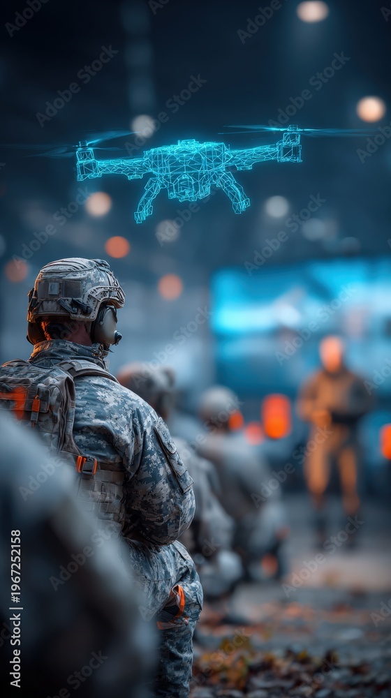 Fototapeta premium Soldiers in tactical gear observe a digital drone representation, blending technology and military operations. ..Created with Generative AI, not depicting real subjects.