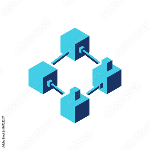 Isometric Blockchain Network with Connected Blue Cubes.