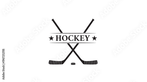 Hockey sticks and puck logo with stars and the word HOCKEY in the center in black and white. featuring sport, game, equipment with stick and arena