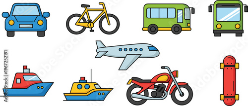 Transportation Icons Set Featuring Car, Bike, Bus, Airplane, Boat, Motorcycle, and Skateboard for Travel and Vehicle Designs