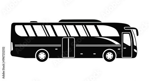 A stark black silhouette of a passenger bus side view silhouette