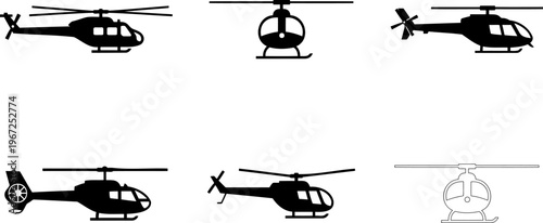 Collection of helicopter silhouettes in various orientations and styles