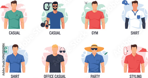 Men Outfit Style Guide Illustration with Casual, Gym, Office Casual, Party and Shirt Looks for Fashion Styling, Clothing Ideas and Wardrobe Design