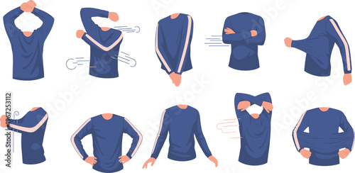 Long Sleeve Shirt Movement Illustration with Stretching Actions, Body Motion, Fabric Flexibility and Comfort Fit Demonstration for Sportswear and Apparel Design