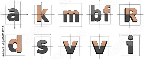 Typography Grid System Illustration with Letter Construction, Alignment Guides, Baseline, Proportions and Character Design for Graphic Design and Font Development