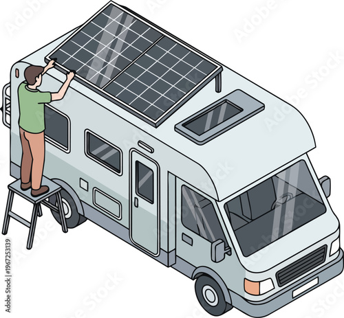 Isometric Illustration of a Man Installing Solar Panels on a Motorhome Roof for Sustainable Off-Grid Living and Green Energy Travel