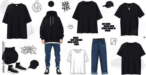 Black Streetwear Outfit Illustration with Oversized T Shirt, Hoodie, Jeans, Sneakers and Urban Fashion Elements for Modern Clothing Design and Youth Style
