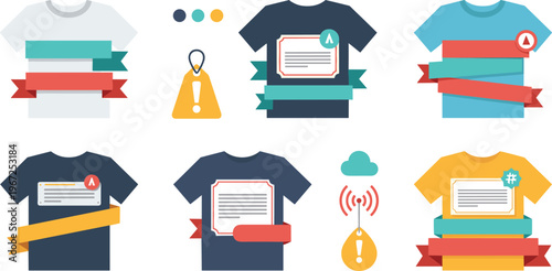T Shirt Label and Badge Design Illustration with Ribbons, Tags, Warning Icons and Branding Elements for Apparel Customization and Fashion Graphics