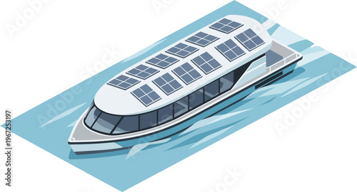 Isometric Vector Illustration of a Solar-Powered Electric Ferry Boat Cruising on Water; Sustainable Maritime Transportation and Green Energy Concept