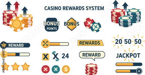 Casino Rewards System Illustration with Bonus Points, Chips, Progress Bars, Jackpot Elements and Loyalty Program Icons for Gaming UI and Betting Design