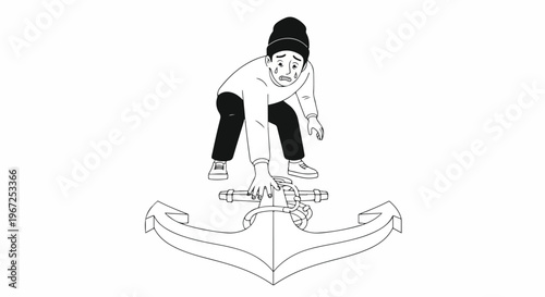 Worried sailor struggling to hold onto a heavy anchor, cartoon illustration