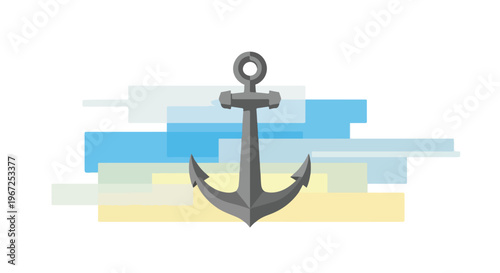 Illustration of a gray anchor with a blue sky and yellow sand background, representing nautical themes and seafaring.