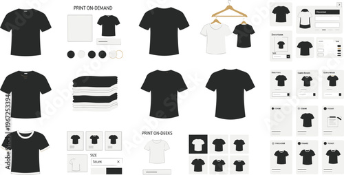 T Shirt Mockup and Print on Demand Illustration with Product Variations, Color Options, Apparel Templates and Ecommerce Interface for Fashion Merchandising